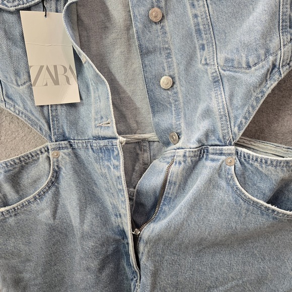 Zara Women Jumpsuit L Light Blue Denim Jeans Cut Out Long Sleeve NWT - Picture 6 of 12
